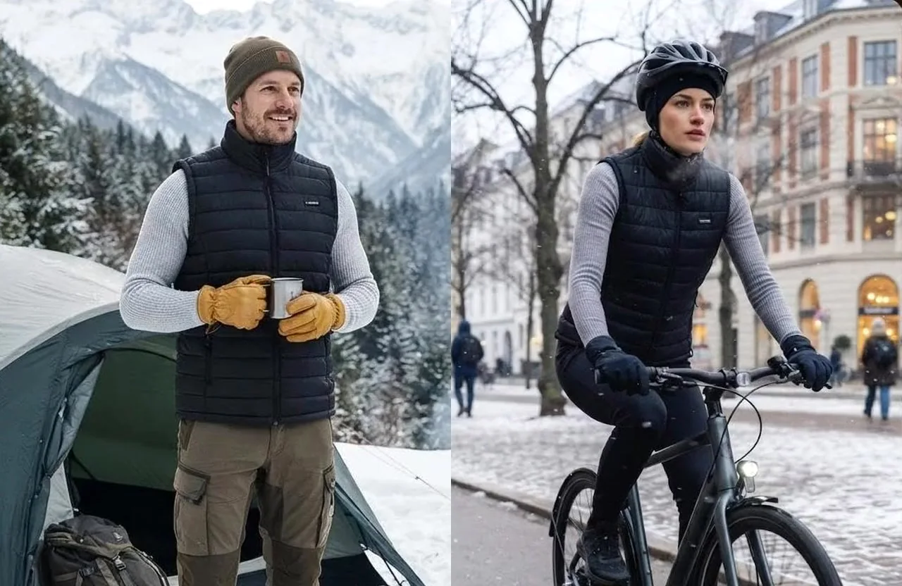 People outdoors in winter wearing Soleilwear heated vests